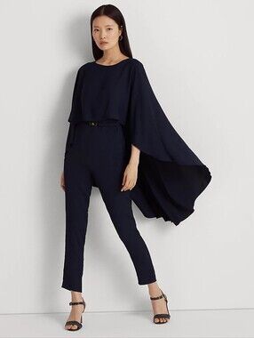 NWT Lauren Ralph Lauren Navy Belted Cape Georgette Jumpsuit Size 12